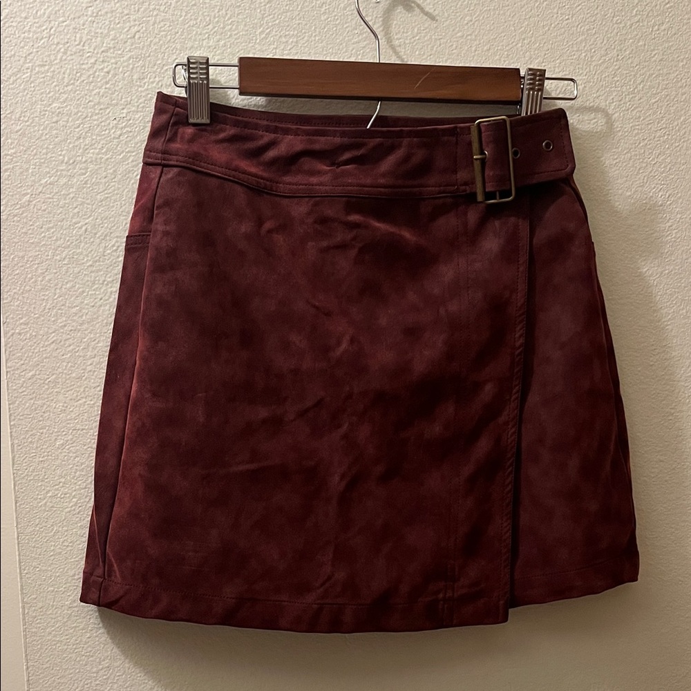 Burgundy Suede Belted A-Line Skirt